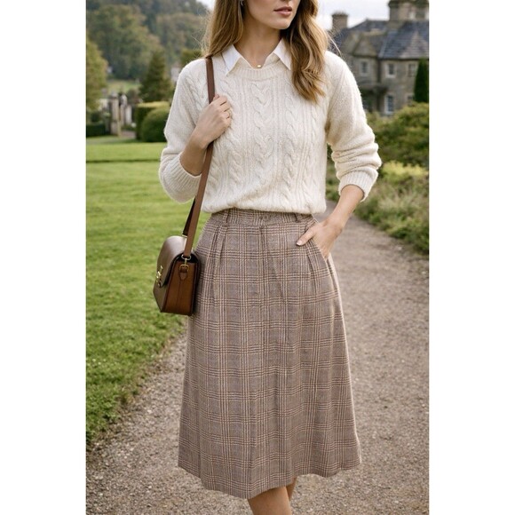 Womens Wool Blend Plaid Midi Skirt Classic Tailored Preppy Academia Old Money 12 - Picture 2 of 7